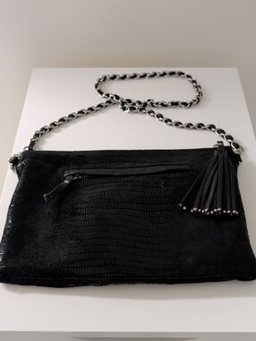 Chez Black Chain-Accent Crossbody Bag with Tassel